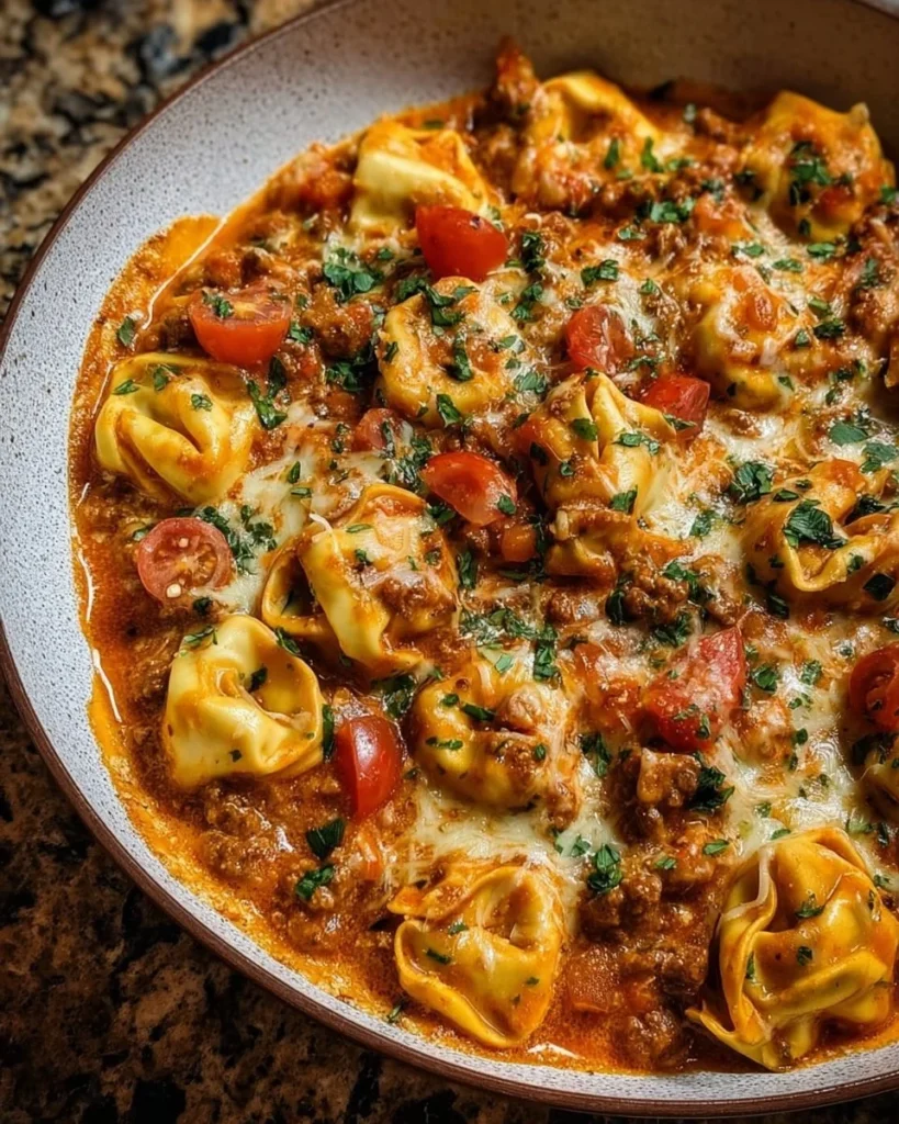 Cheesy Enchilada Beef Tortellini Skillet served in a cast-iron skillet