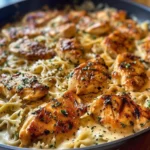 Cheesy Garlic Butter Chicken Bowties served on a plate with herbs