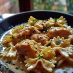 Cheesy garlic butter chicken bowties in a creamy sauce