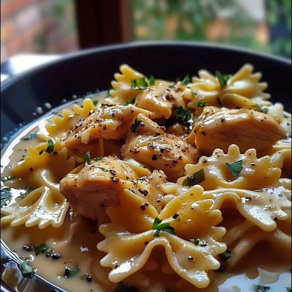 Cheesy garlic butter chicken bowties in a creamy sauce