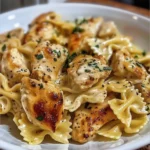 Cheesy garlic butter chicken bowties served with mozzarella cream sauce