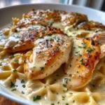 Cheesy garlic butter chicken with bowtie pasta and creamy sauce on a plate