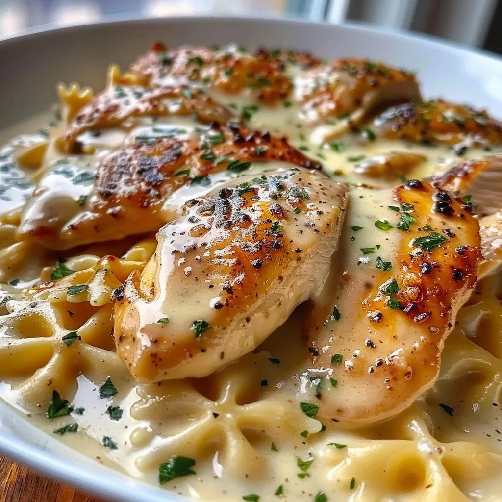 Cheesy garlic butter chicken with bowtie pasta and creamy sauce on a plate