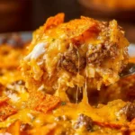 Cheesy Hashbrown Dorito Casserole topped with crispy Doritos and cheese