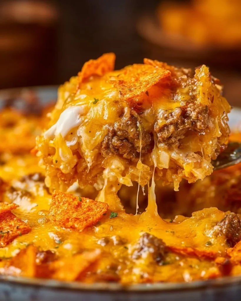 Cheesy Hashbrown Dorito Casserole topped with crispy Doritos and cheese