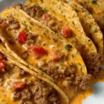 Cheesy Rotel beef tacos served in a colorful platter