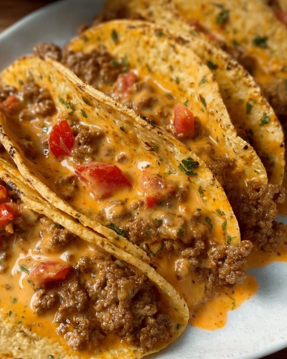Cheesy Rotel beef tacos served in a colorful platter