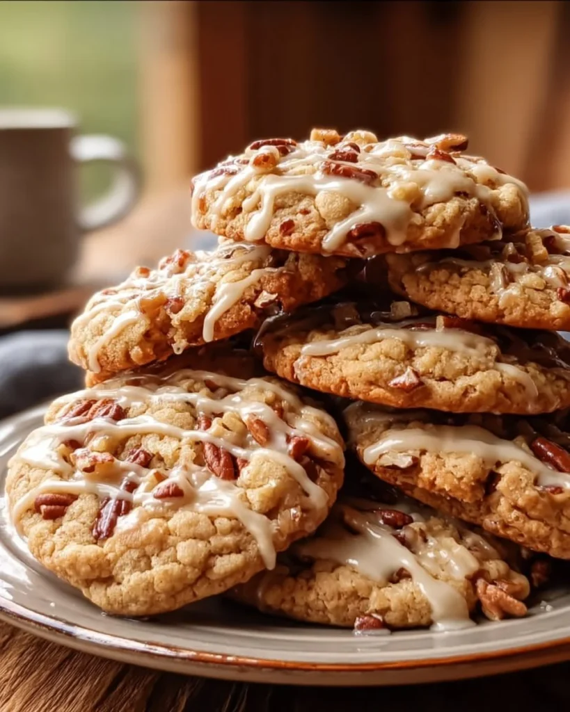 Chewy maple pecan cookies freshly baked with a golden brown crust and pecans.