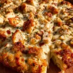Delicious Chicken Alfredo Pizza served on Cheddar Bay Biscuit crust