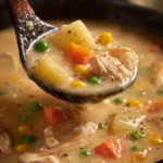 Delicious chicken pot pie soup with vegetables and chicken in a bowl.