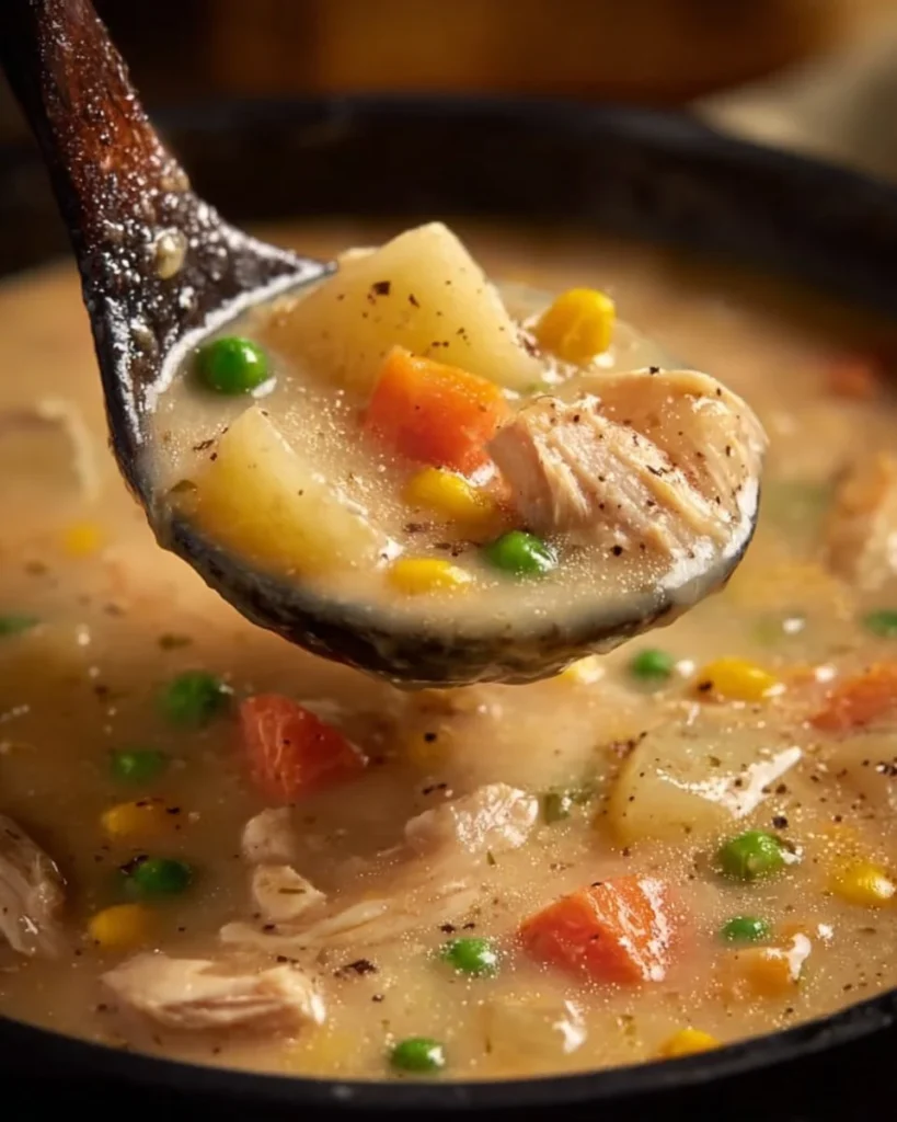 Delicious chicken pot pie soup with vegetables and chicken in a bowl.