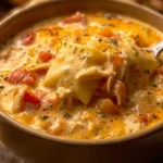 A bowl of creamy Chicken Ranch Lasagna Soup garnished with herbs