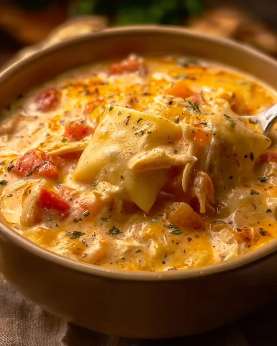 A bowl of creamy Chicken Ranch Lasagna Soup garnished with herbs