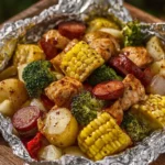 Delicious chicken, sausage, and vegetable foil packets ready for grilling or baking.