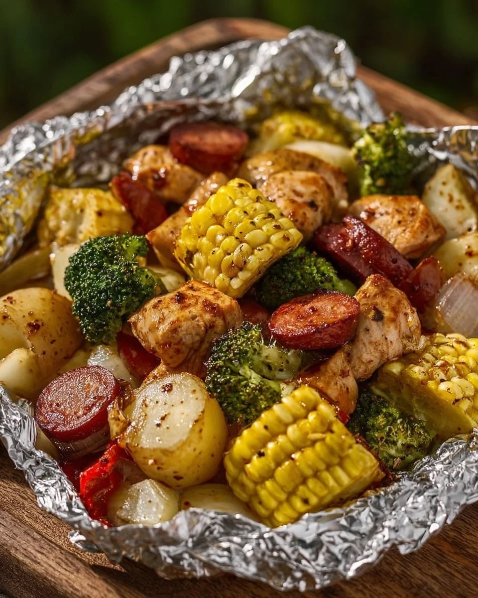Delicious chicken, sausage, and vegetable foil packets ready for grilling or baking.