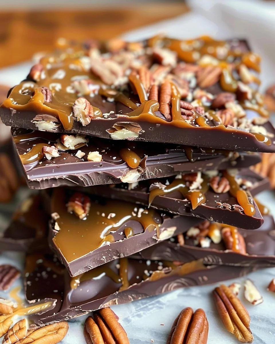 Delicious homemade chocolate caramel bark topped with nuts and sea salt