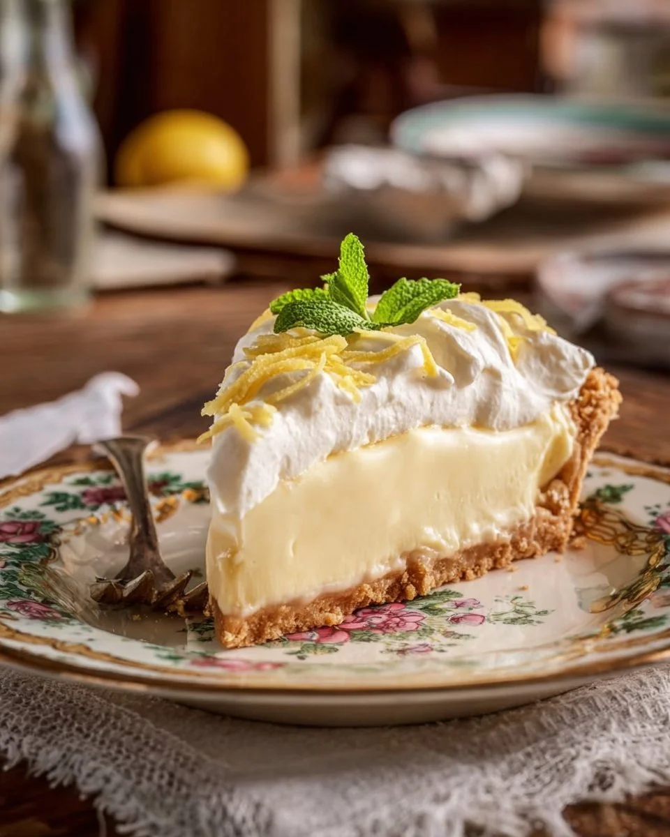 Delicious Church Supper Lemon Icebox Pie served in a pie dish