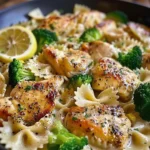 Creamy cowboy butter lemon chicken with bowtie pasta on a plate