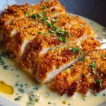 Crispy Parmesan Chicken with creamy garlic sauce on a plate