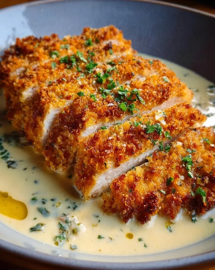 Crispy Parmesan Chicken with creamy garlic sauce on a plate