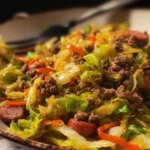 Dirty cabbage dish with smoked turkey sausages served in a bowl