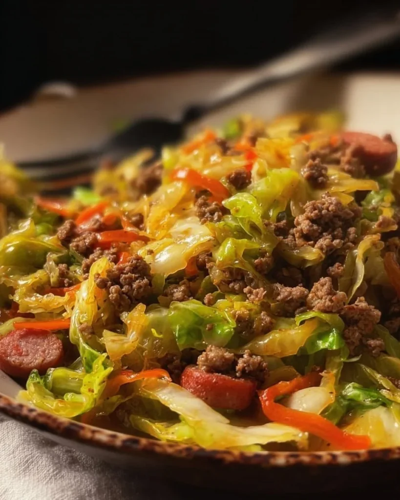 Dirty cabbage dish with smoked turkey sausages served in a bowl