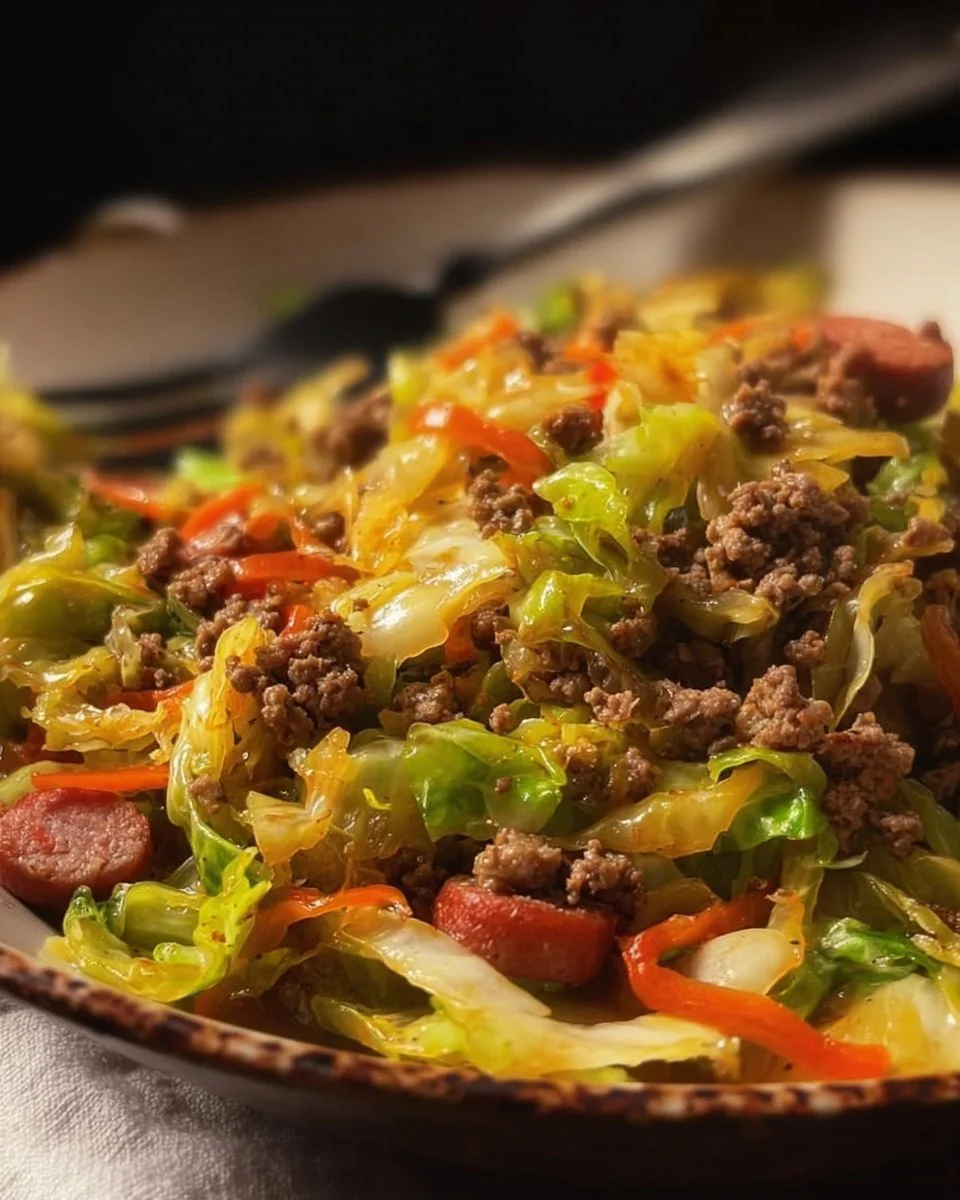 Dirty cabbage dish with smoked turkey sausages served in a bowl