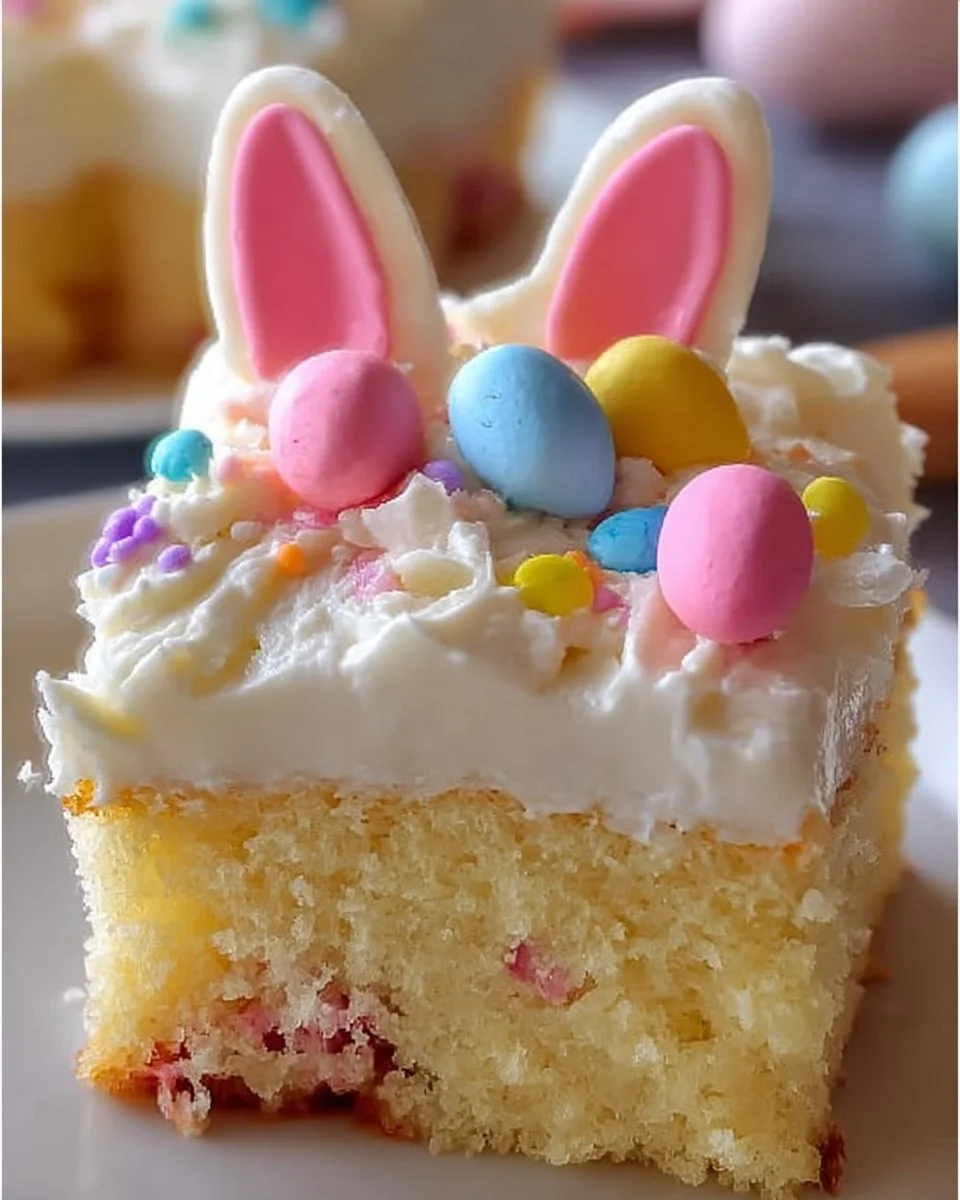Delicious Easter Bunny Poke Cake decorated for spring celebrations