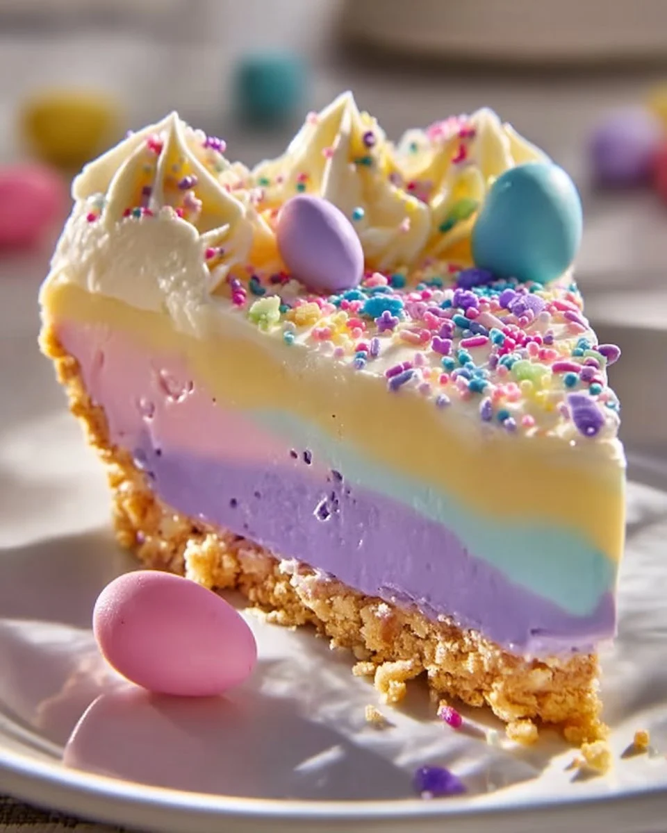 Colorful Easter Jell-O Pie served on a festive table.
