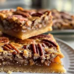 Easy pecan pie bars topped with pecans and caramel drizzle on a wooden table