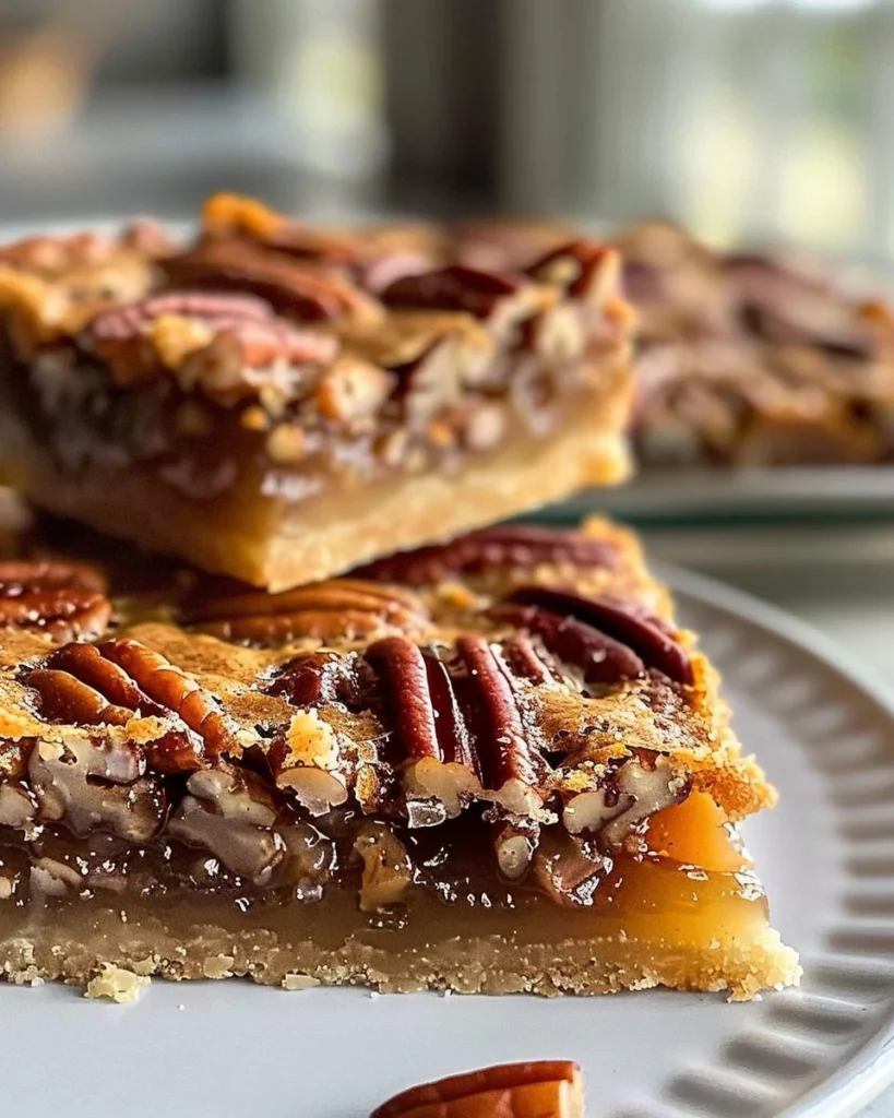 Easy pecan pie bars topped with pecans and caramel drizzle on a wooden table