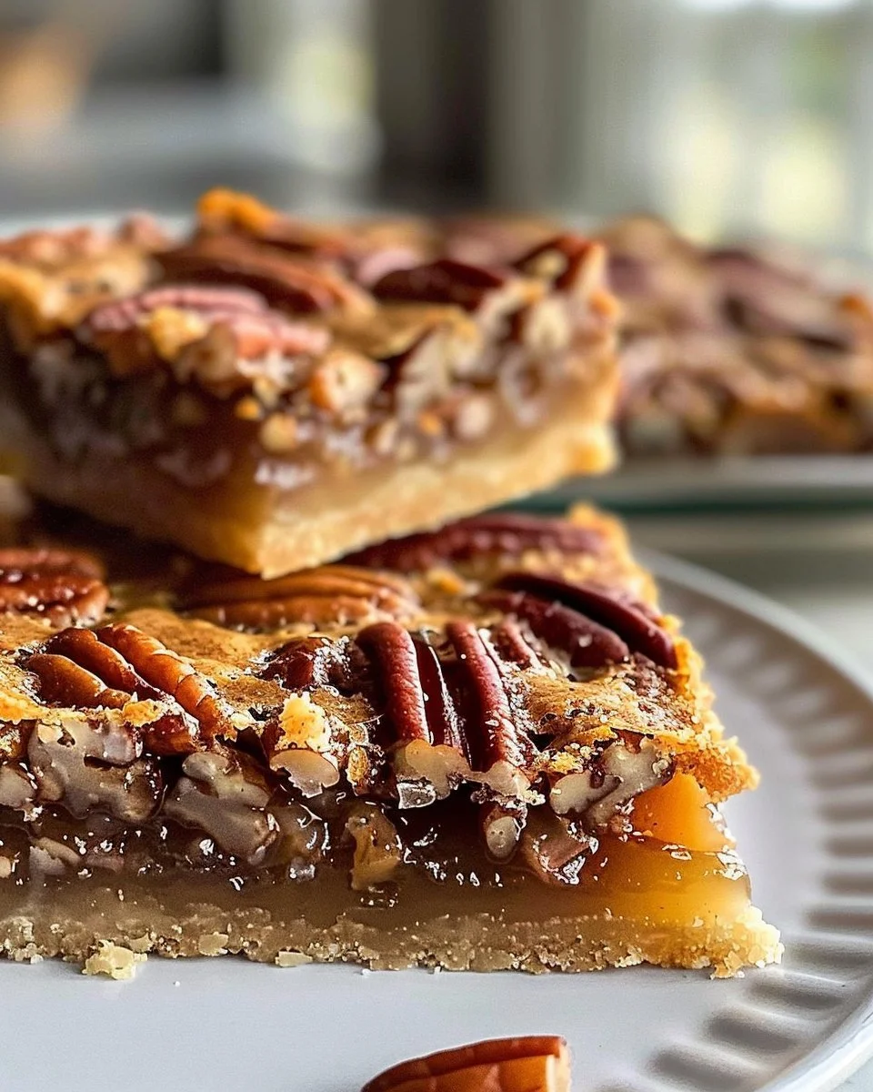 Easy pecan pie bars topped with pecans and caramel drizzle on a wooden table