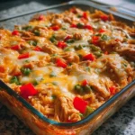 Delicious Fajita Chicken Casserole topped with cheese and colorful bell peppers.
