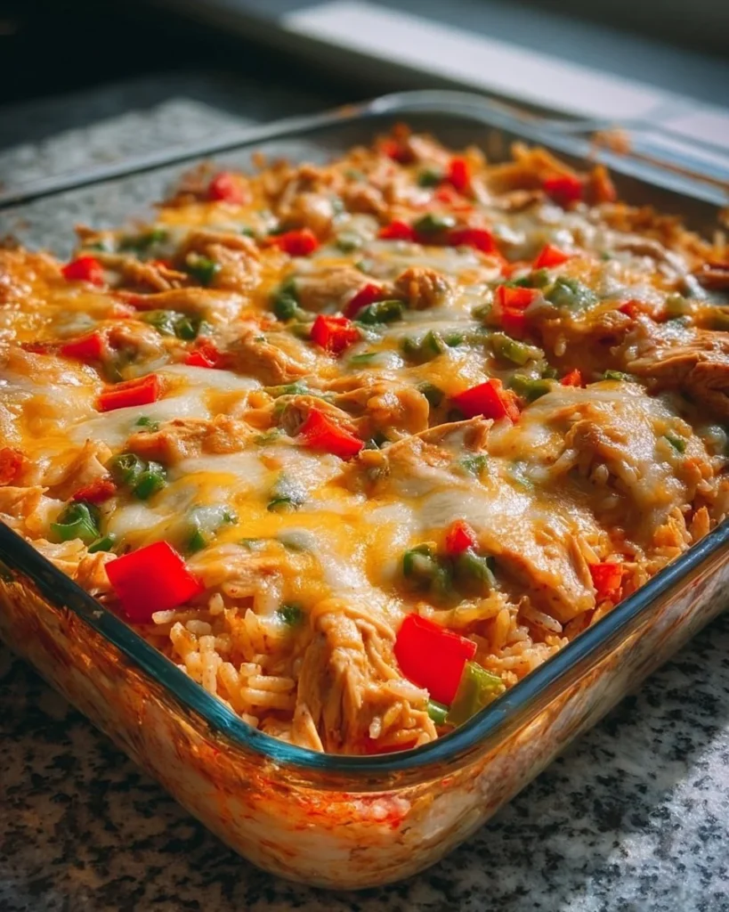 Delicious Fajita Chicken Casserole topped with cheese and colorful bell peppers.