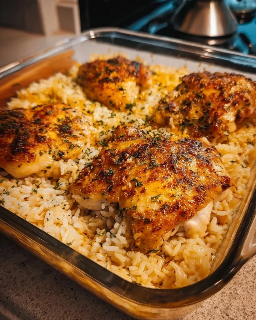 Delicious Forgotten Chicken and Rice dish made with spices and herbs