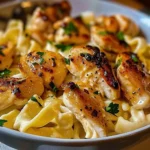 Garlic Butter Chicken Bites served with creamy Parmesan pasta on a plate