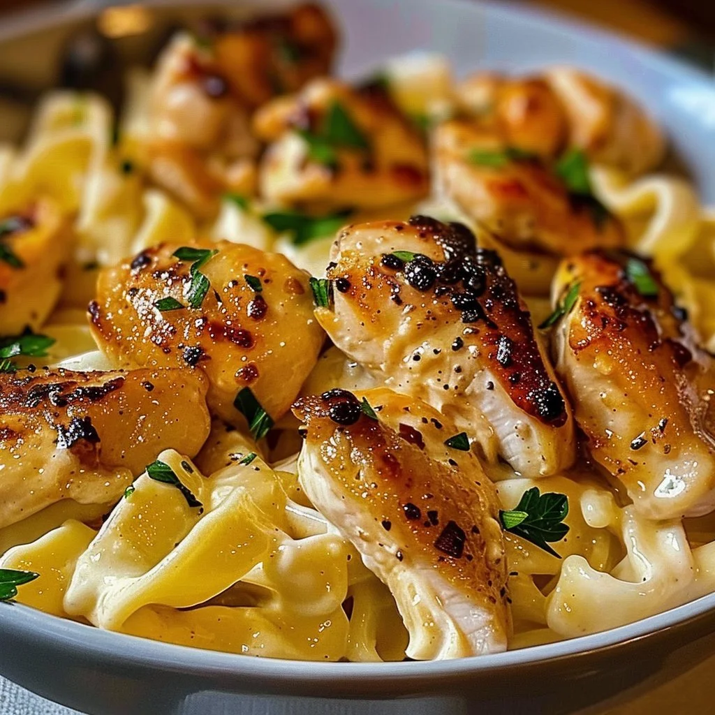 Garlic Butter Chicken Bites served with creamy Parmesan pasta on a plate