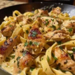 A plate of garlic butter chicken pasta, topped with herbs and parmesan cheese.