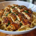 Delicious Garlic Butter Chicken served with Bowtie Pasta on a plate.
