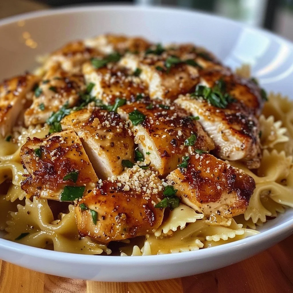 Delicious Garlic Butter Chicken served with Bowtie Pasta on a plate.