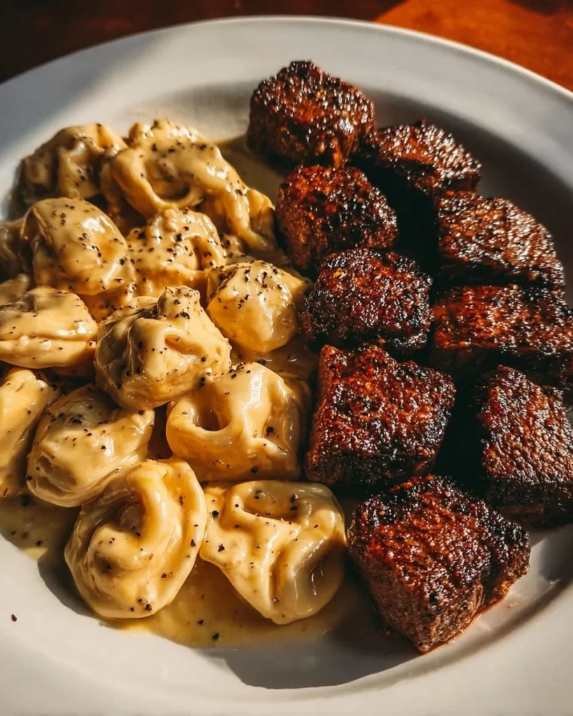 Garlic Butter Steak Bites served with creamy Alfredo tortellini on a plate