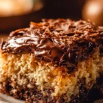 Delicious slice of German chocolate dump cake with coconut pecan frosting