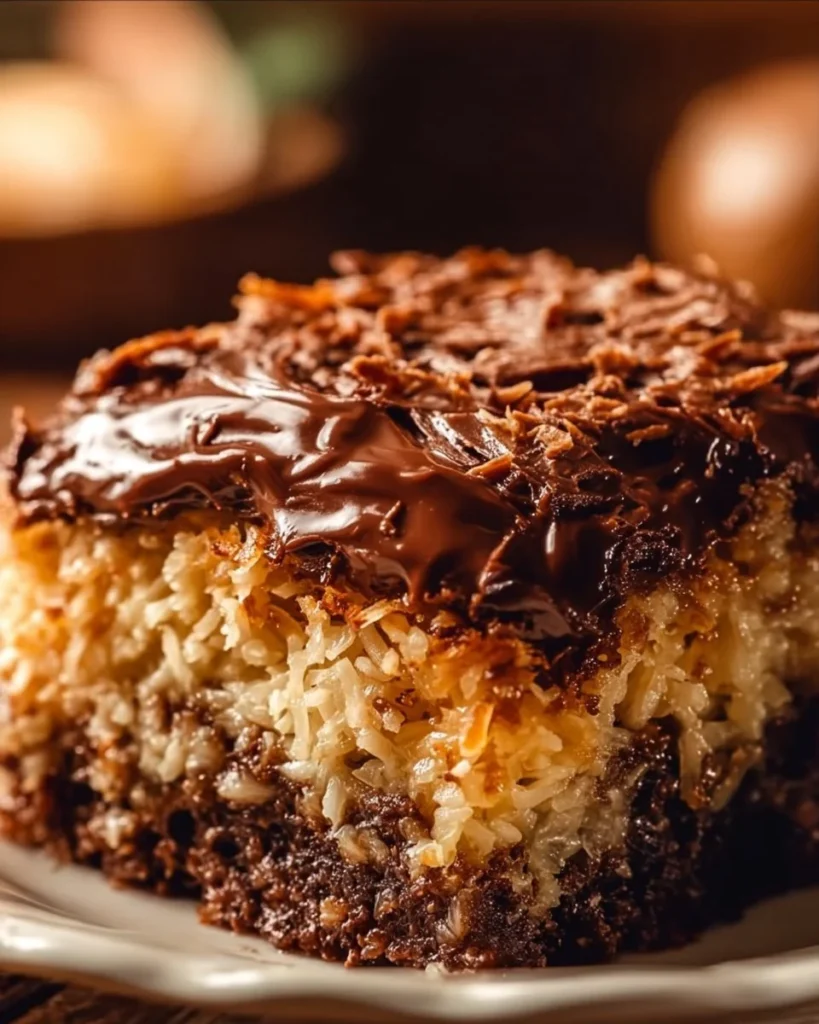 Delicious slice of German chocolate dump cake with coconut pecan frosting