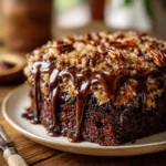 German Chocolate Poke Cake Squares with rich chocolate and coconut topping