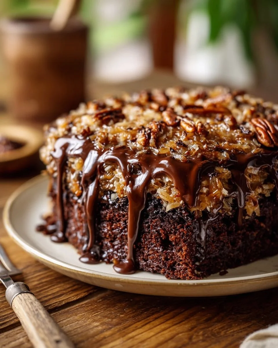 German Chocolate Poke Cake Squares with rich chocolate and coconut topping