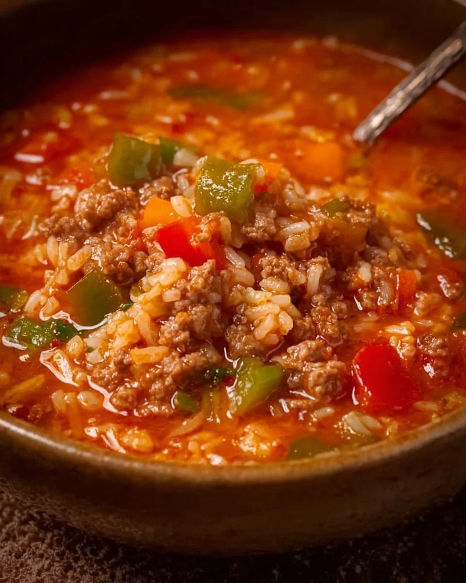 Bowl of hearty stuffed pepper soup with colorful peppers and herbs