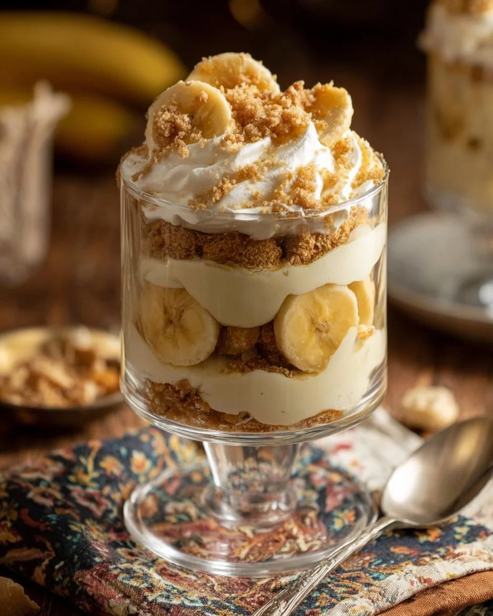 Heavenly no bake banana cream pie cups topped with whipped cream and banana slices.