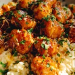 Honey Garlic Chicken Bites served with creamy Parmesan rice on a plate