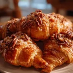 Freshly baked Honey Pecan Croissants with honey drizzle and pecans on top.