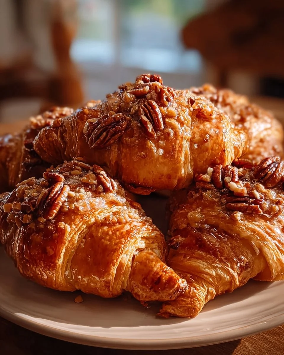 Freshly baked Honey Pecan Croissants with honey drizzle and pecans on top.